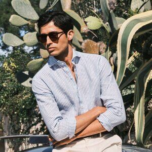 Hildiche & key men linen shirt blue and white striped 17 1/2